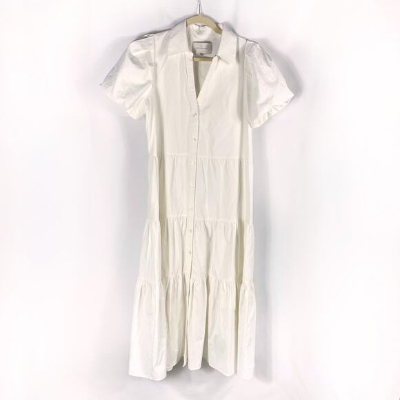 Brochu Walker Havana Midi Dress White Tiered Button Front Puff Sleeve Sz M - Picture 6 of 11